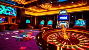 Play at W88's elegant casino table, enjoying the thrill of poker with vibrant chips and cards.