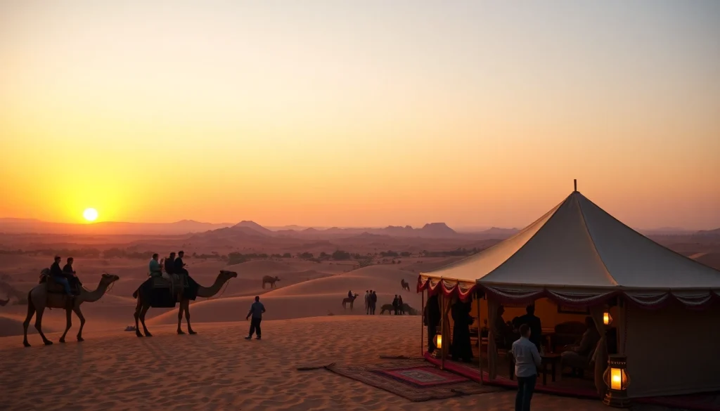 Agafay desert camel ride and dinner with a show at sunset, featuring camels, tents, and desert scenery.