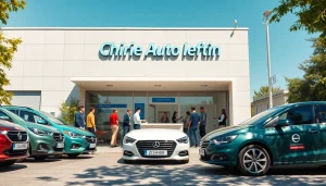 Chirie auto ieftin at a vibrant Chișinău car rental agency with diverse customers and friendly staff.