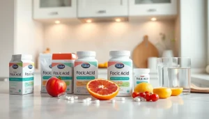 健康的なキッチン環境で新鮮な果物とサプリメントに囲まれた葉酸サプリのおすすめ