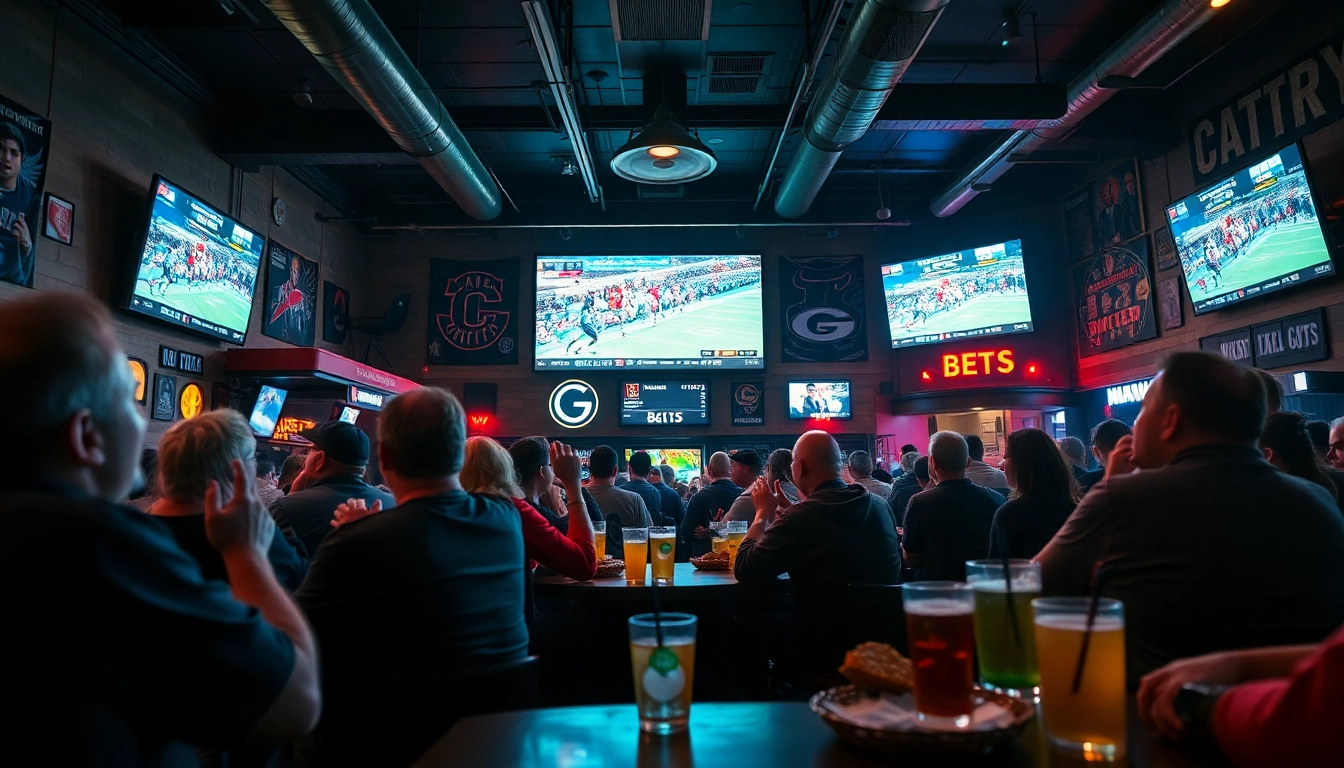 Engaged fans enjoying sports betting Georgia in a lively bar atmosphere.
