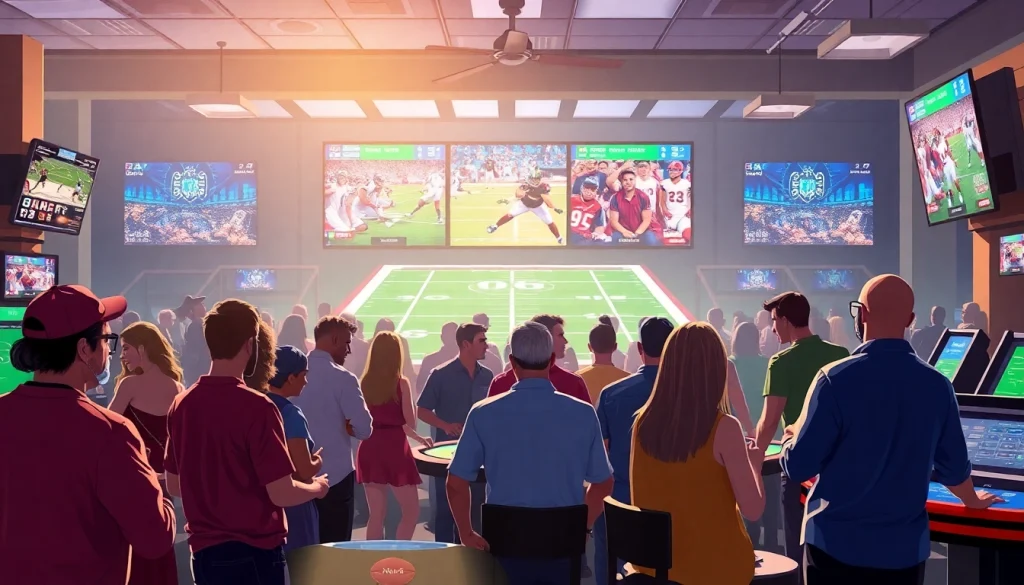 Engaged individuals enjoying sports betting Alabama in a lively atmosphere with screens displaying games.