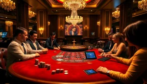 TẢI AF88 while playing poker in a luxurious casino with vibrant chips and elegant decor.