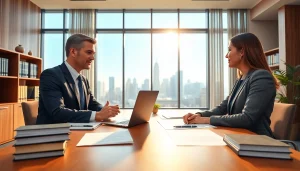 Real estate lawyer consulting clients in a modern office, showcasing professionalism and expertise.