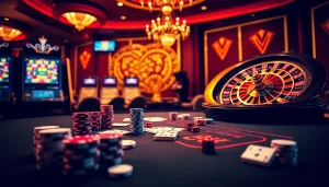 Experience the excitement of gambling at Nhà cái F8BET with luxurious casino tables and vibrant slot machines.