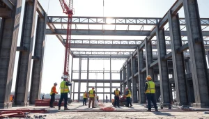 Workers engaged in structural steel installation, showcasing teamwork and precision at a construction site.