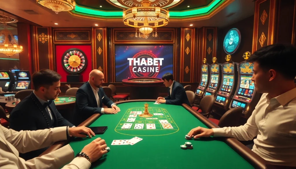 Engaging scene of THABET casino with luxury poker tables and vibrant slot machines.