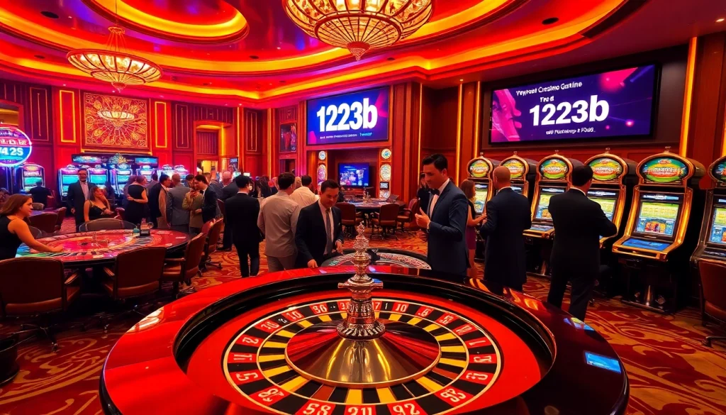 Players enjoying a thrilling roulette game at 123b casino, showcasing a glamorous gambling experience.