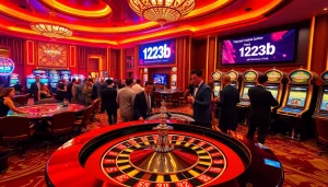 Players enjoying a thrilling roulette game at 123b casino, showcasing a glamorous gambling experience.