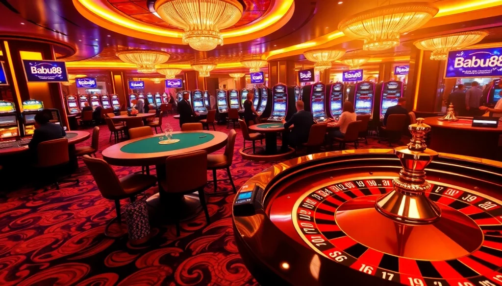 Babu88 casino scene featuring vibrant games, roulette action, and inviting ambiance.