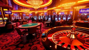 Babu88 casino scene featuring vibrant games, roulette action, and inviting ambiance.