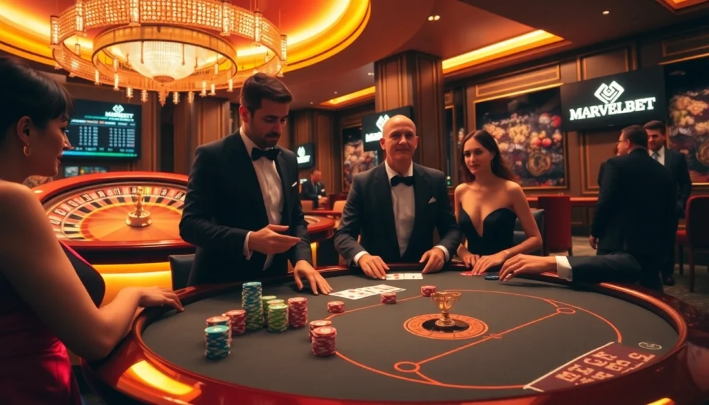 Marvelbet casino scene showcasing players at a poker table with chips and a roulette wheel.