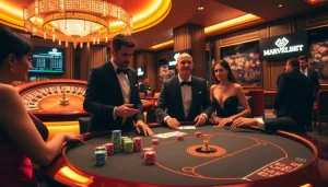 Marvelbet casino scene showcasing players at a poker table with chips and a roulette wheel.