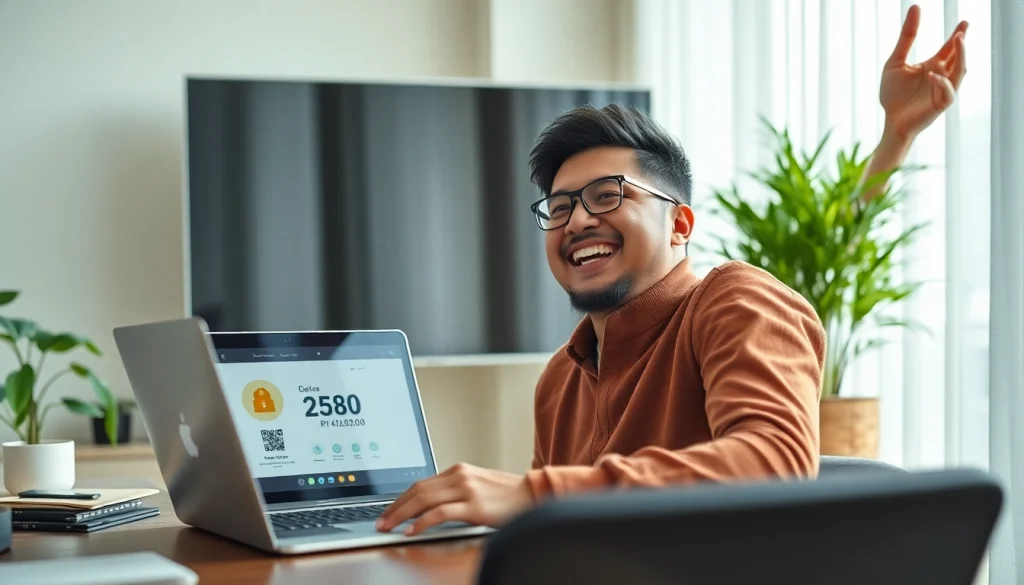 Celebrating a successful BOX138 withdrawal of Rp 2.424.000,00 in a modern workspace.