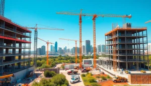 Austin construction site bustling with activity, showcasing diverse machinery and workers in action.