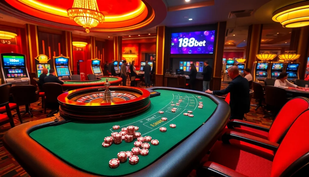 Experience the thrill of 188bet with an engaging casino scene showcasing roulette and poker.