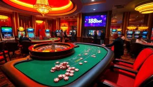Experience the thrill of 188bet with an engaging casino scene showcasing roulette and poker.
