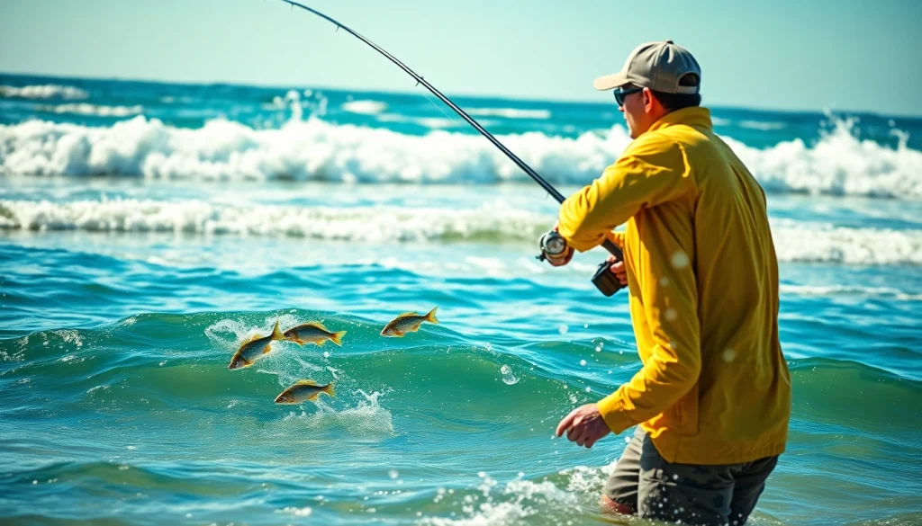 Casting a line while saltwater fly fishing on a sunny beach.