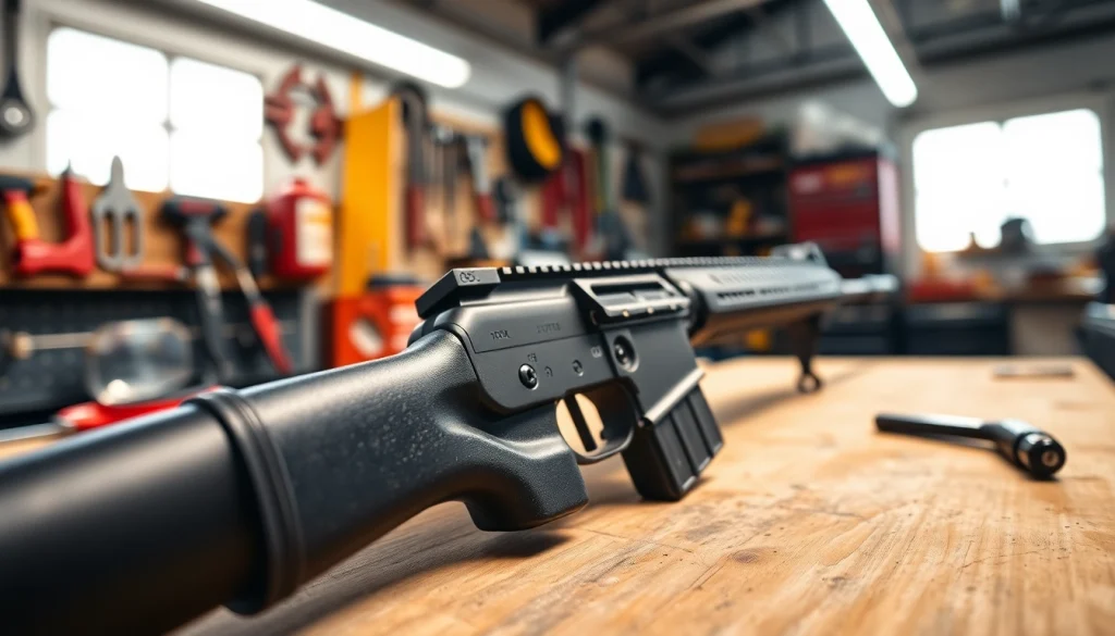 Showcase of an AR 15 trigger emphasizing craftsmanship and detail in a workshop environment.