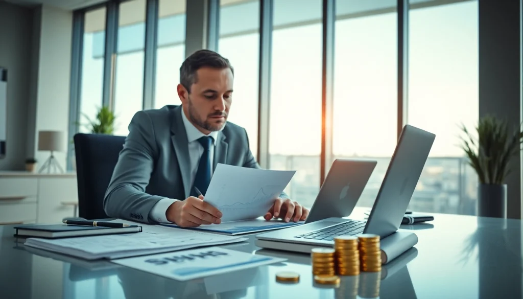 Professional Superfund accountant analyzing SMSF financial statements in a modern office setting.