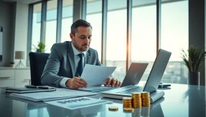 Professional Superfund accountant analyzing SMSF financial statements in a modern office setting.