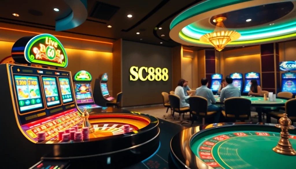 Players engaging in exciting games at SC88, showcasing vibrant slot machines and a roulette wheel.