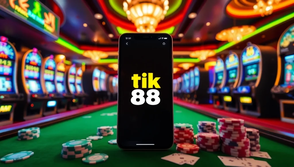 Giao diện ứng dụng Tik 88 hấp dẫn giữa các chip cược và lá bài trong bối cảnh casino sang trọng.