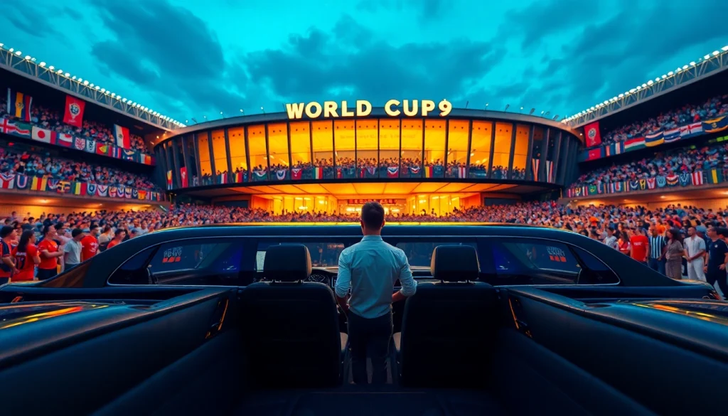 Luxury World Cup Group Transportation in a limousine outside a stadium, capturing excitement and elegance.