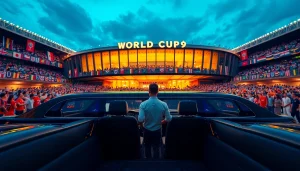 Luxury World Cup Group Transportation in a limousine outside a stadium, capturing excitement and elegance.