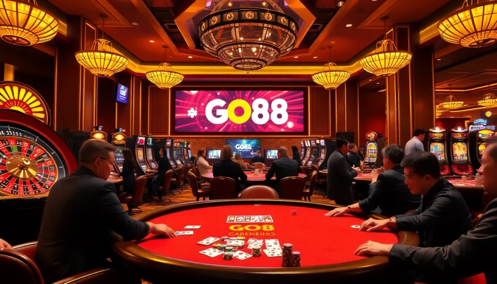 Experience the excitement of gambling at GO88 with a luxurious casino scene featuring poker tables and slot machines.