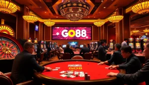 Experience the excitement of gambling at GO88 with a luxurious casino scene featuring poker tables and slot machines.