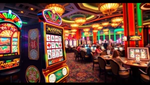 Slot mahjong yang menarik di lingkungan kasino yang ramai dengan fitur warna-warni.