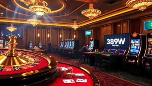 Experience the thrill of winning at 389WIN with dynamic casino games, poker chips, and roulette wheels.