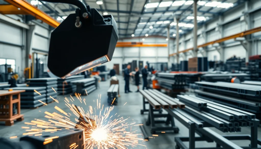 Workers welding metal components in a steel fabrication shop, showcasing craftsmanship and precision.