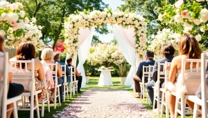 Guests enjoy a beautiful outdoor ceremony at Clarksburg Wedding Venues with floral arch and bright sunshine.
