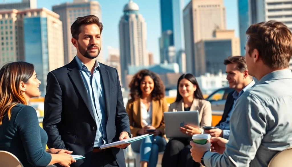 Business coach los Angeles leading a dynamic coaching session with diverse entrepreneurs outdoors.
