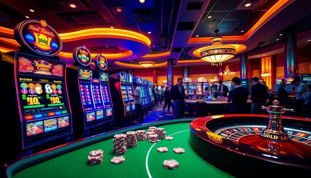 Vibrant scene from a 슬롯커뮤니티 gathering with colorful slot machines, poker chips, and jubilant players.