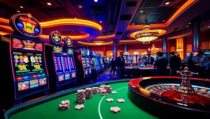 Vibrant scene from a 슬롯커뮤니티 gathering with colorful slot machines, poker chips, and jubilant players.