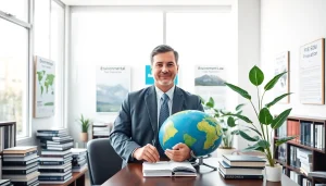 Environmental lawyer working diligently in a modern office, showcasing commitment to environmental issues.