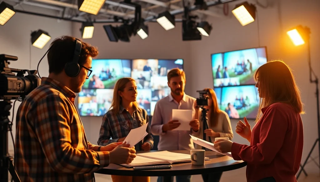 Engaged professionals at a Video Production Company Calgary studio collaborating on creative video projects.