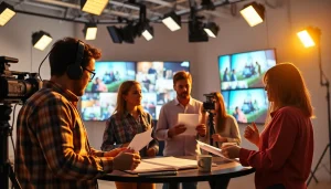 Engaged professionals at a Video Production Company Calgary studio collaborating on creative video projects.