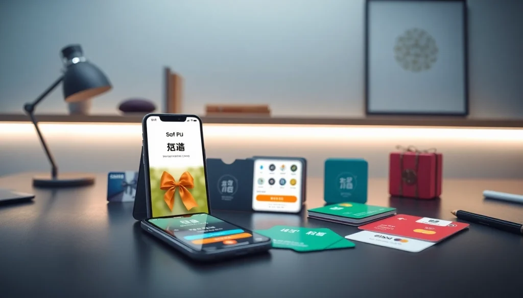 현대적인 사무실 환경에서 다채로운 상품권이 표시된 스마트폰 화면