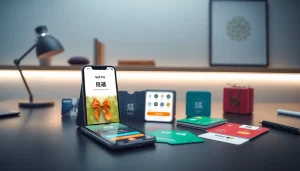 현대적인 사무실 환경에서 다채로운 상품권이 표시된 스마트폰 화면