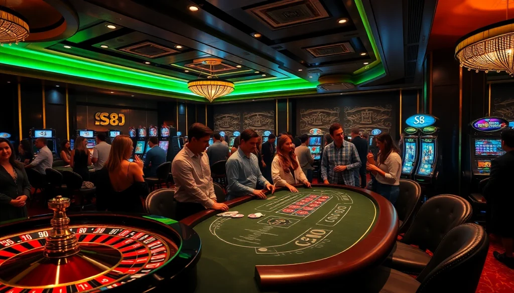 Engaged players enjoy an exciting S8 casino experience with vibrant roulette wheels and elegant poker chips.