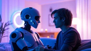 Intimate interaction showcasing advanced ai sex technology in a cozy digital setting