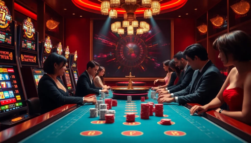 Situs Slot Terpercaya players enjoying an exhilarating game at a casino table full of chips and vibrant slot machines