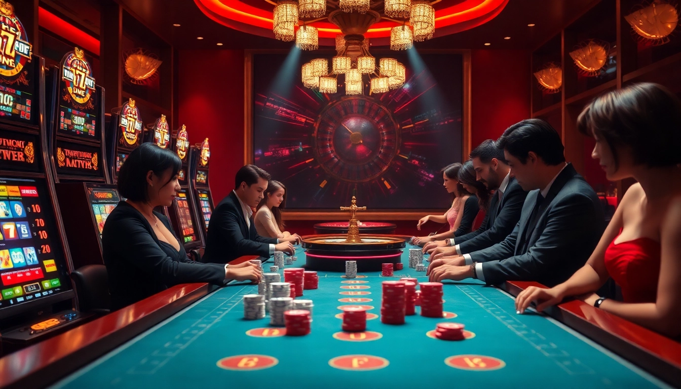 Situs Slot Terpercaya players enjoying an exhilarating game at a casino table full of chips and vibrant slot machines
