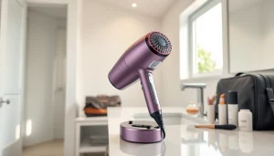 Showcase the laifen swift premium hair dryer beside styling tools in a modern bathroom setting.
