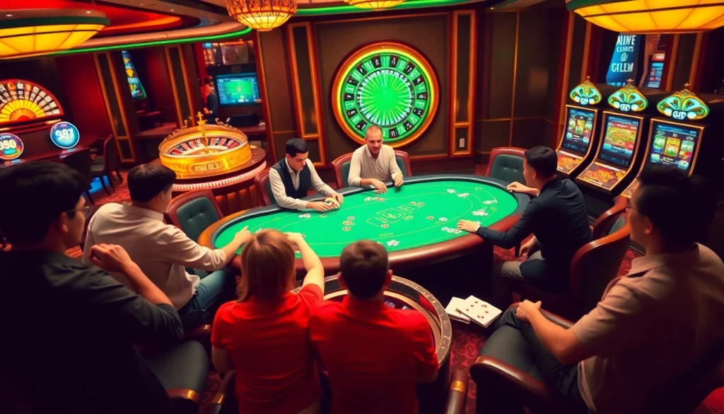 Exciting GG88 casino scene featuring poker tables, roulette wheels, and vibrant slot machines.