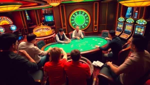 Exciting GG88 casino scene featuring poker tables, roulette wheels, and vibrant slot machines.